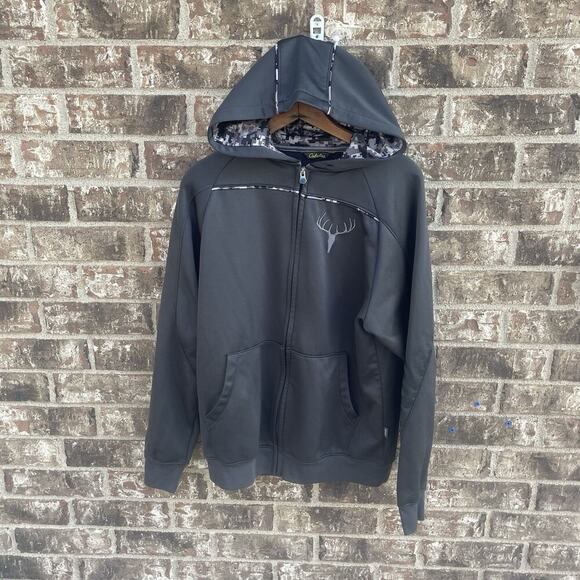 Cabelas Buck Logo Hoodie Medium Full‎ Zip Black 1961 Hunting Outdoors Jacket - Picture 1 of 11
